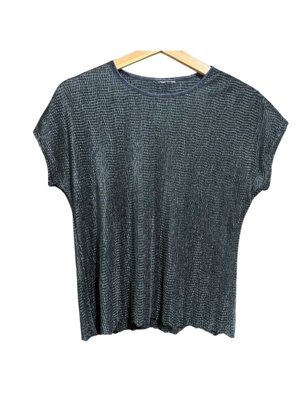 Dark Blue Textured Crinkle Stretch Scalloped-Hem Cap Sleeve Top – S